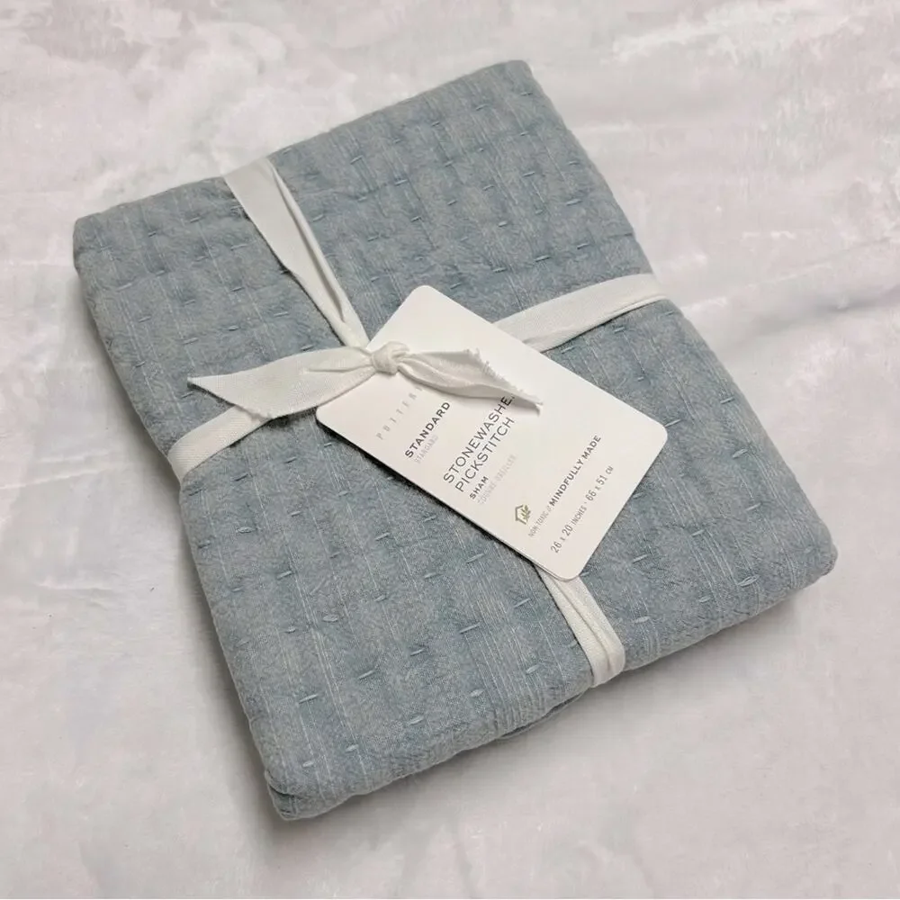 Pottery Barn Pillow Sham Cover Standard Stonewashed Pickstitch Light Blue NWT
